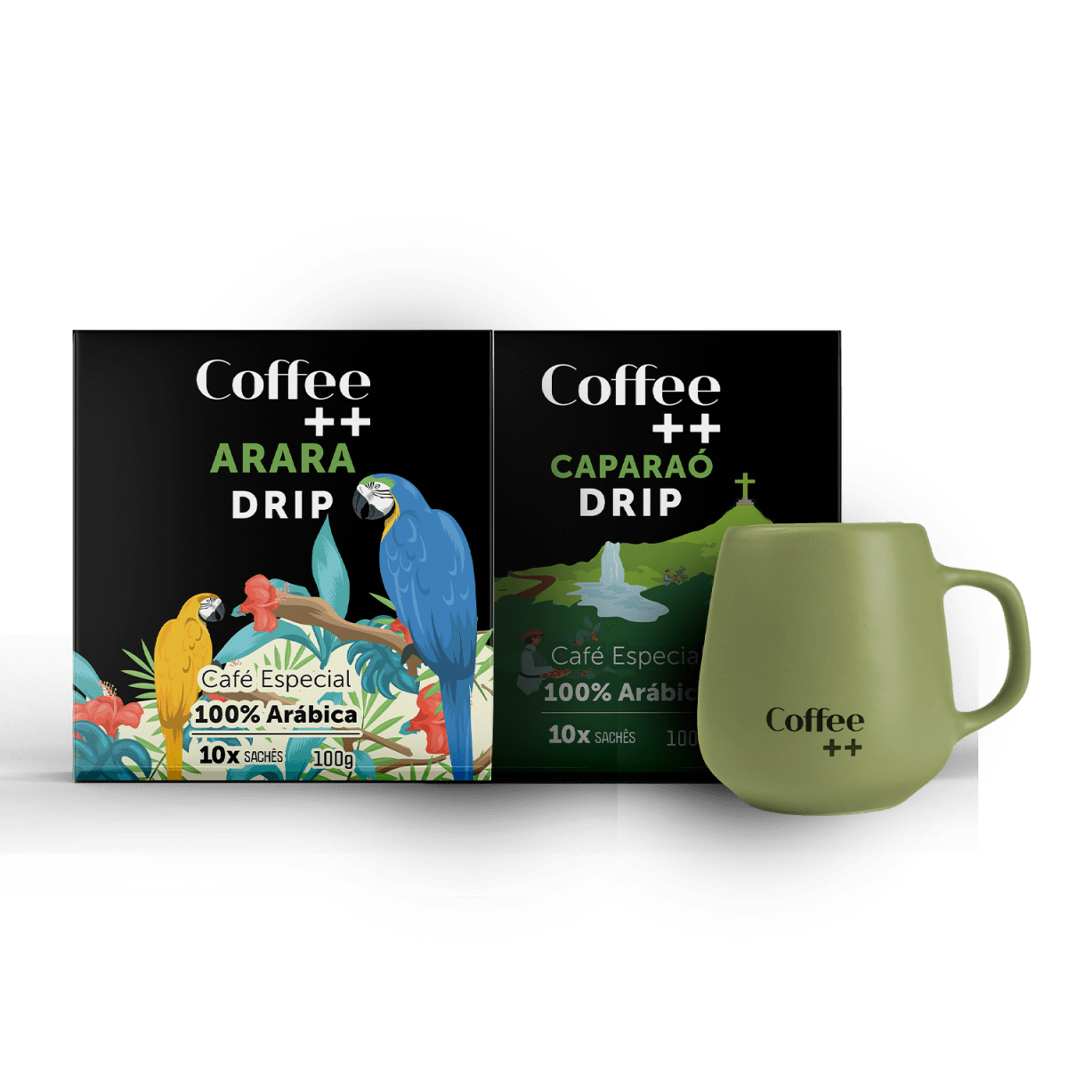Kit Drip Coffee 20 Sachês Coffee++: Arara, Caparaó e Caneca