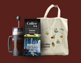 Kit de boas-vindas: prensa francesa, café e ecobag