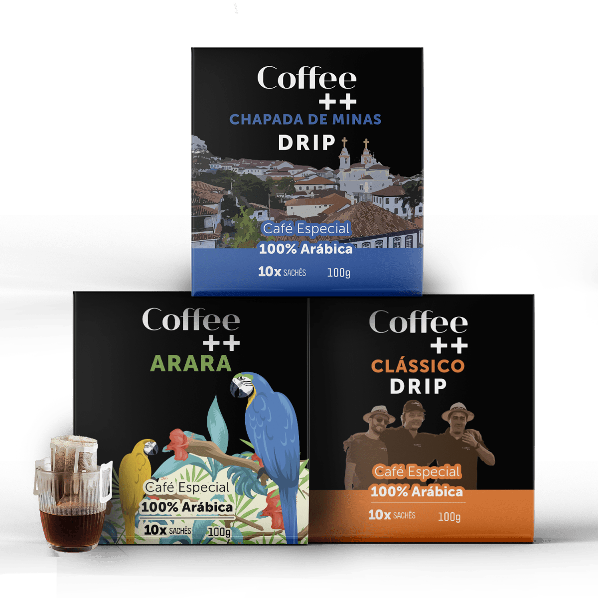 Kit Drip Coffee - Clássico + Chapada de Minas + Arara - 30 Sachês - Coffee Mais