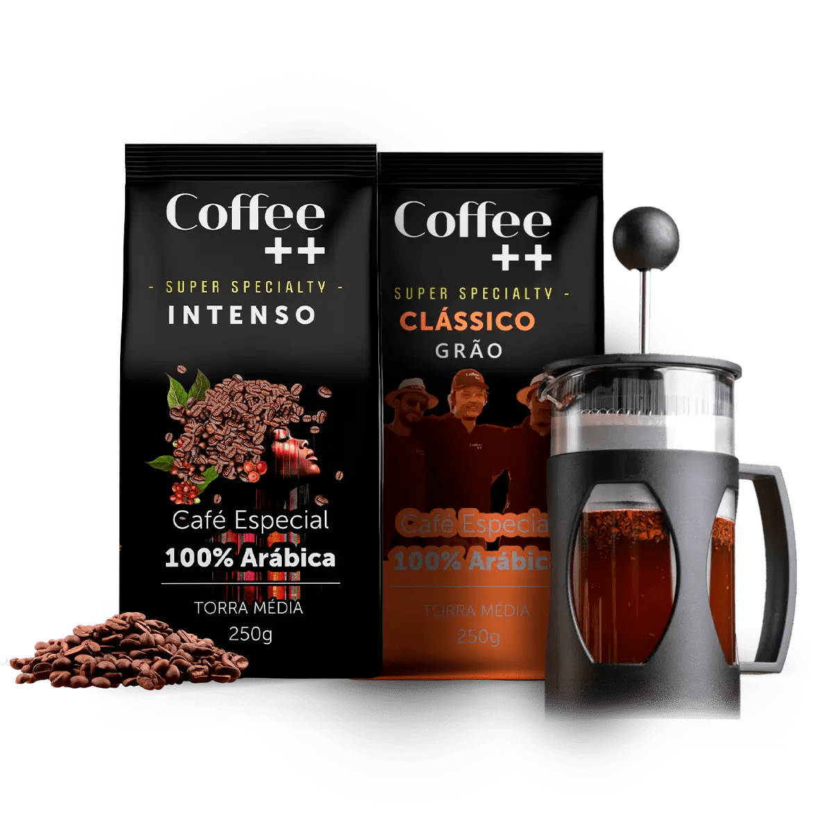 Kit Intenso e Clássico com Prensa Francesa | Grãos - 2 Pacotes - Coffee Mais
